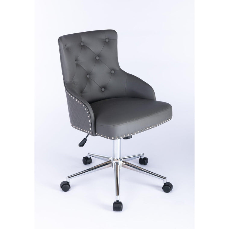 Carvello Napier Grey Premium PU Leather Office Chair Tufted Back with Lion Head Knocker