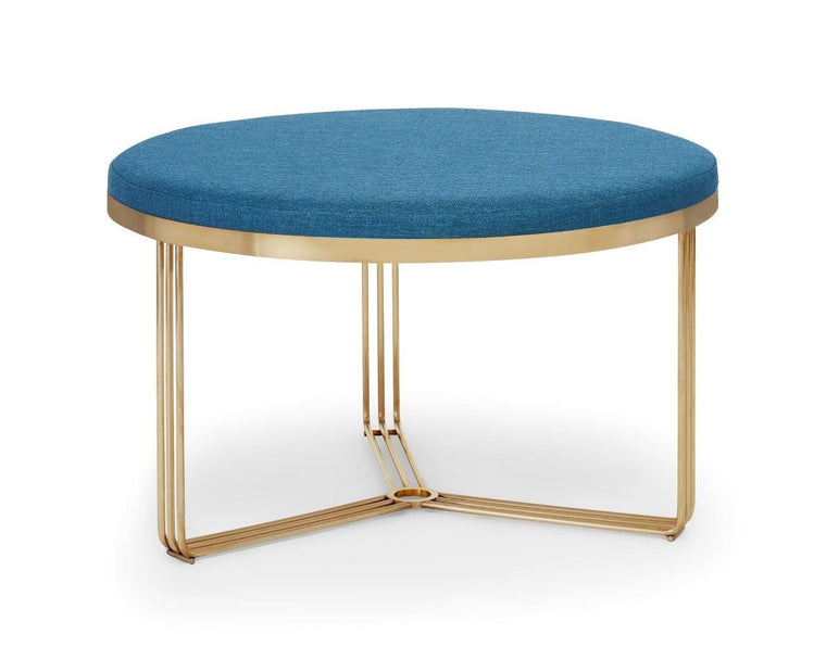 Gillmore Space Finn Small Circular Coffee Table Or Footstool Admiral Blue Upholstered & Brass Frame