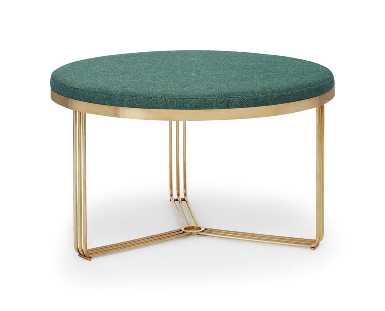 Gillmore Space Finn Small Circular Coffee Table Or Footstool Conifer Green Upholstered & Brass Frame