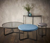 Gillmore Space Finn Small Circular Coffee Table Or Footstool Admiral Blue Upholstered top & Black Frame