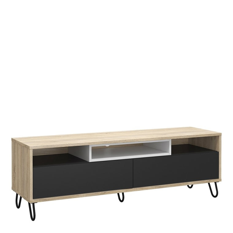 Axton Throggs Match TV Unit 2 Drawers w/ Media Compartment In Oak Wiith Dark Grey And White