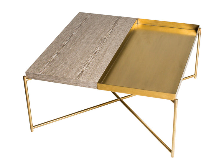 Gillmore Space Iris Square Coffee Table Weathered Oak Top & Brass Tray