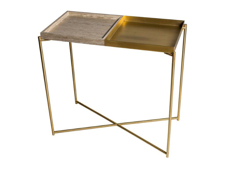 Gillmore Space Iris Small Console Table Weathered Oak Top Tray & Small Brass Tray