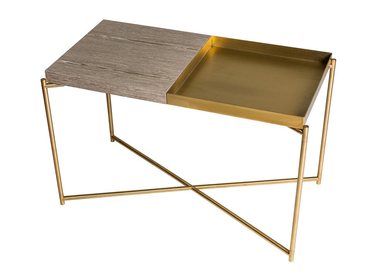 Gillmore Space Iris Rectangle Side Table Weathered Oak Top & Brass Tray