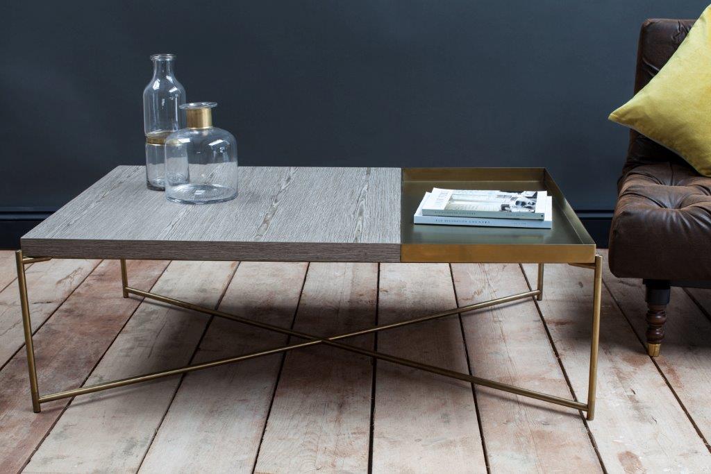 Gillmore Space Iris Rectangle Coffee Table Weathered Top & Brass T - LOUNGELIVING.CO.UK