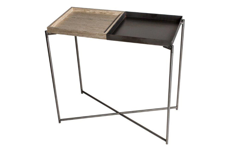 Gillmore Space Iris Small Console Table Tray Weathered Oak Top & Gun Metal Tray