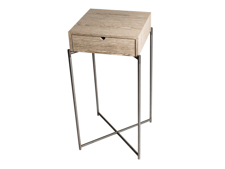 Gillmore Space Iris Square Plant Stand Weathered Oak Drawer