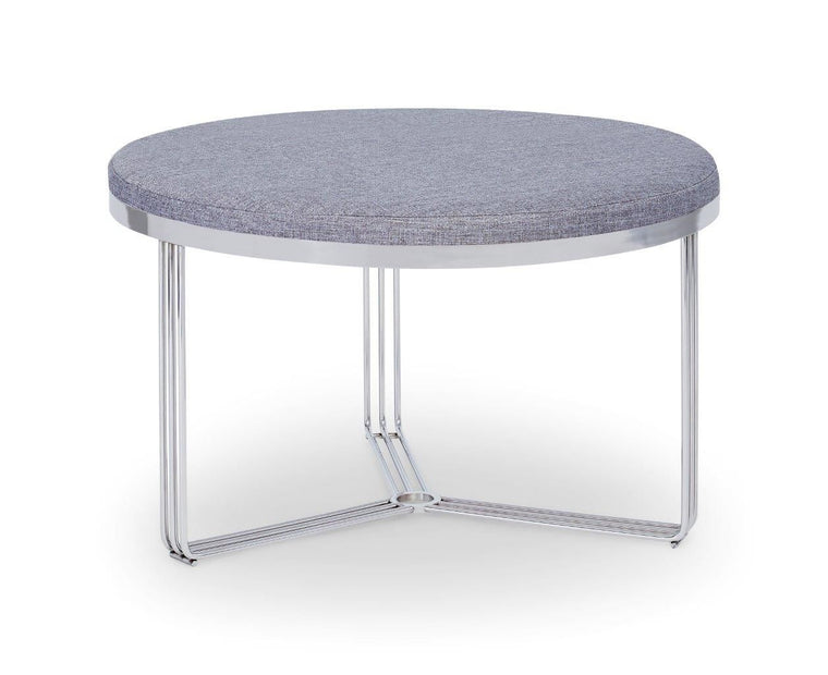 Gillmore Space Finn Small Circular Coffee Table Or Footstool Pewter Grey Upholstered & Polished Chrome Frame