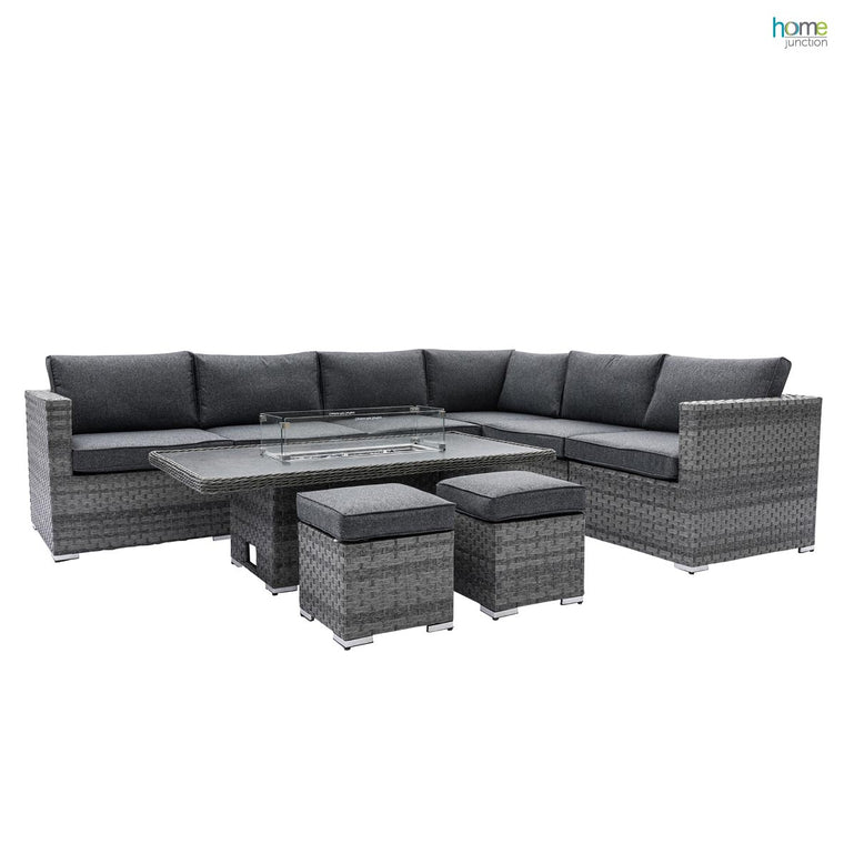 Home Junction Olympus Grey Modular Corner Sofa with Coffee to Dining Rising Gas Firepit Table and Stool
