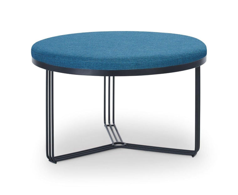 Gillmore Space Finn Small Circular Coffee Table Or Footstool Admiral Blue Upholstered top & Black Frame