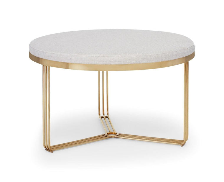 Gillmore Space Finn Small Circular Coffee Table Or Footstool Natural Upholstered & Brass Frame