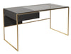 Gillmore Federico Desk Clear Glass Top, Black Stained Oak Drawer & Brass Frame Desk Table