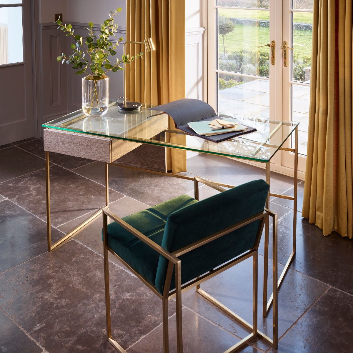 Gillmore Federico Desk Clear Glass Top Black Stained Oak Drawer Polished Frame