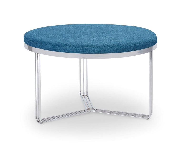 Gillmore Space Finn Small Circular Coffee Table Or Footstool Admiral Blue Upholstered & Polished Chrome Frame
