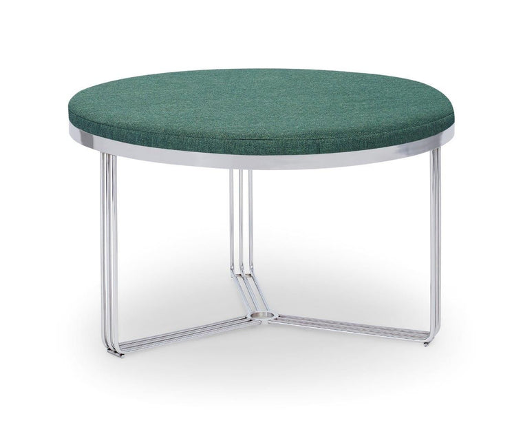Gillmore Space Finn Small Circular Coffee Table Or Footstool Conifer Green Upholstered & Polished Chrome Frame