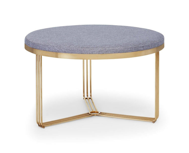 Gillmore Space Finn Small Circular Coffee Table Or Footstool Pewter Grey Upholstered & Brass Frame